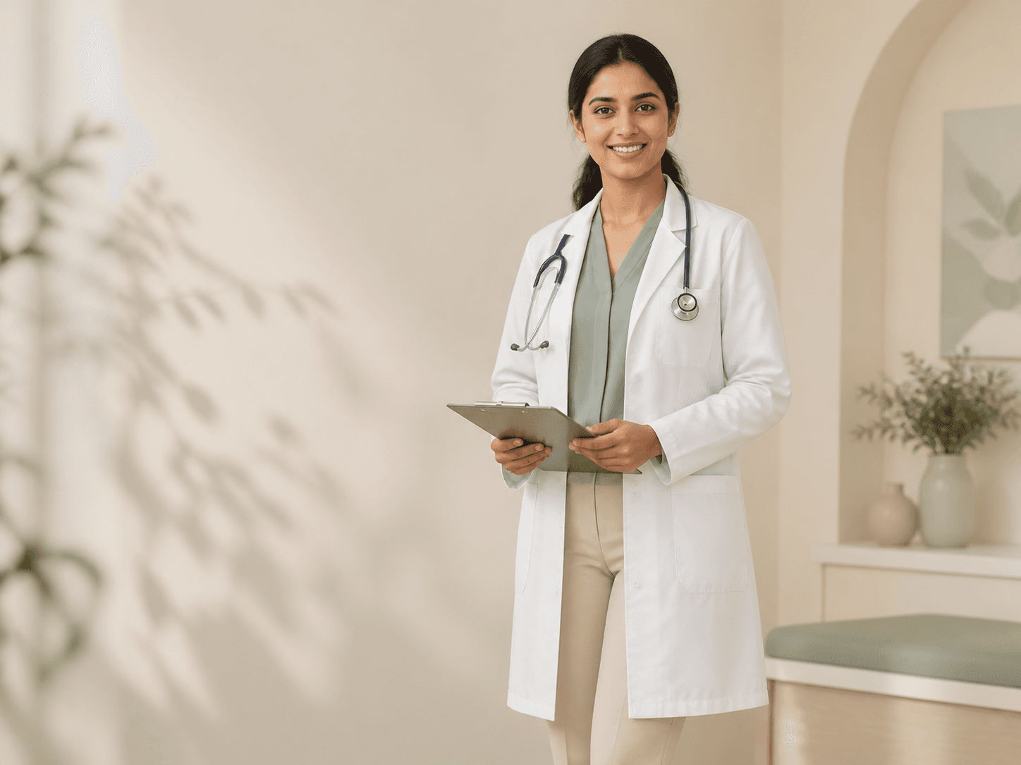 Illustrative clinician in a warm consultation space