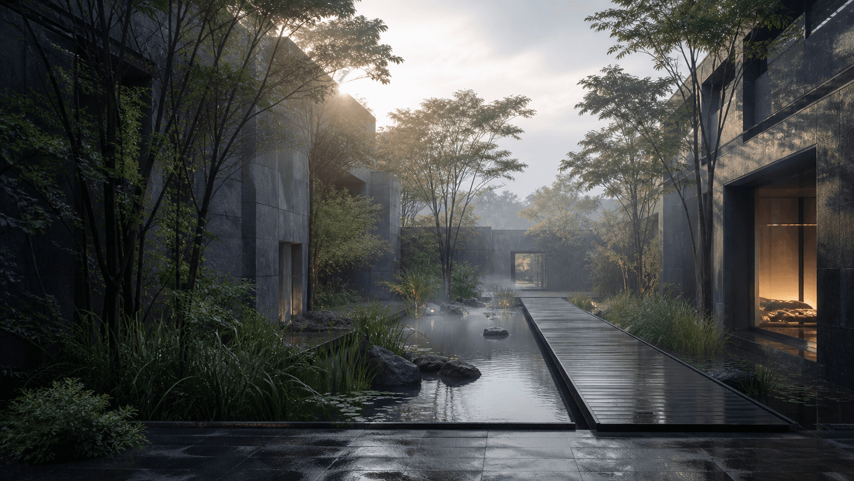 Original planted water garden at the fictional CATALYST campus