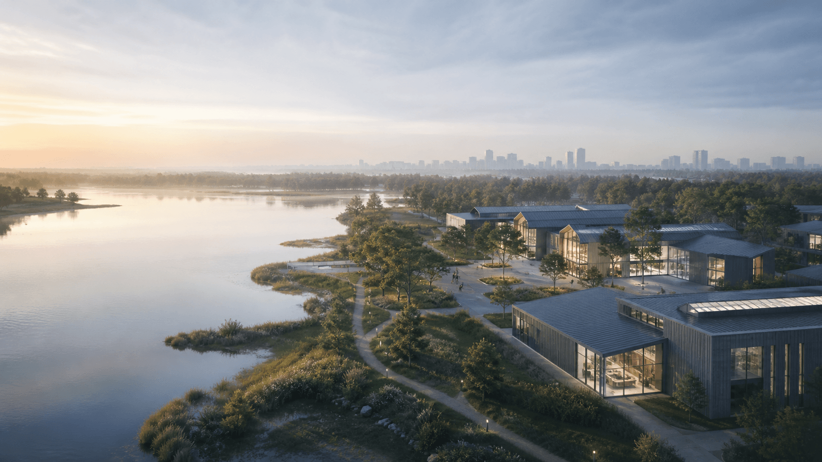Original aerial view of the fictional CATALYST campus by water