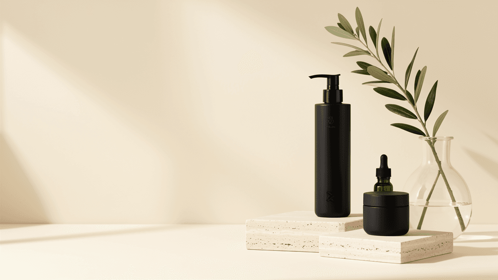 SONIE skincare collection arranged on natural stone