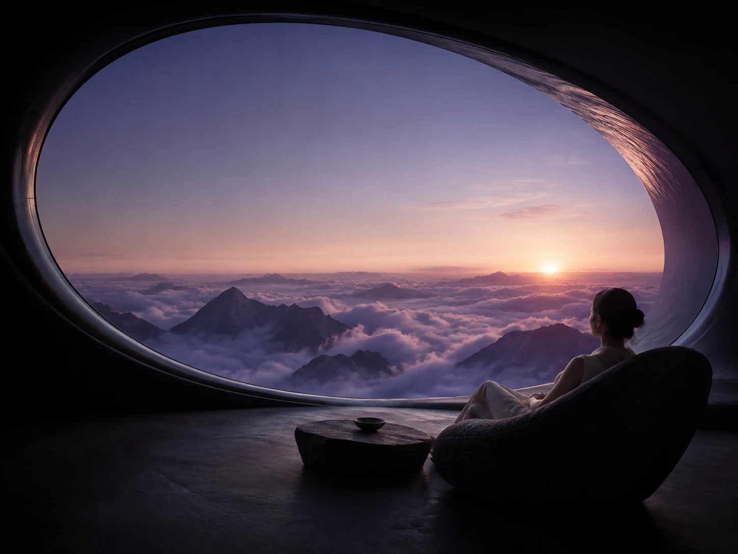 A quiet observation lounge above a sea of clouds, with a seated figure facing the sunset
