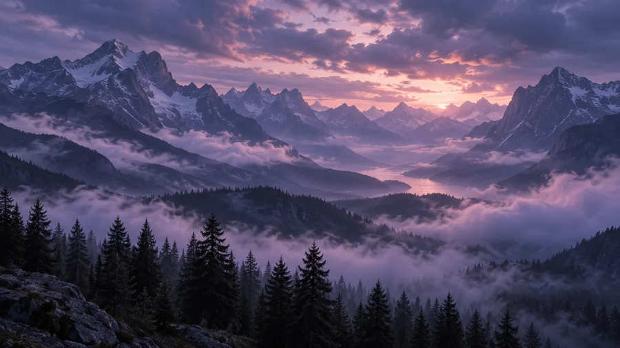 A violet mountain valley at twilight