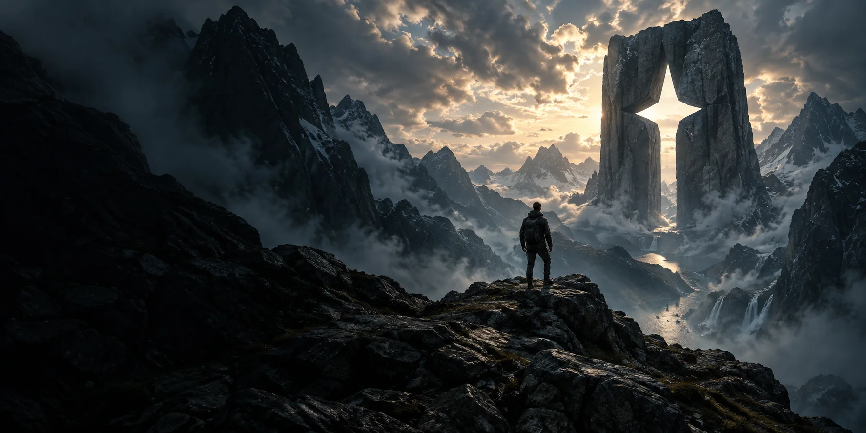 A lone explorer facing a monumental stone arch in a misty mountain valley